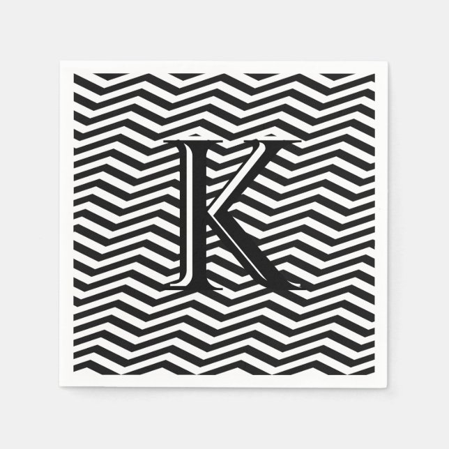 Stylish Black White Chevron Stripe Monogram Custom Napkin (Front)