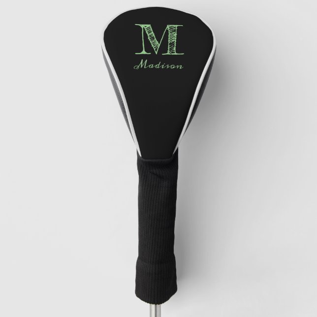 Stylish Black White Custom Monogram Name Initial Golf Head Cover (Front)
