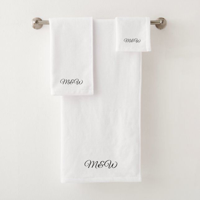 Stylish black white custom script couple monogram bath towel set (Insitu)
