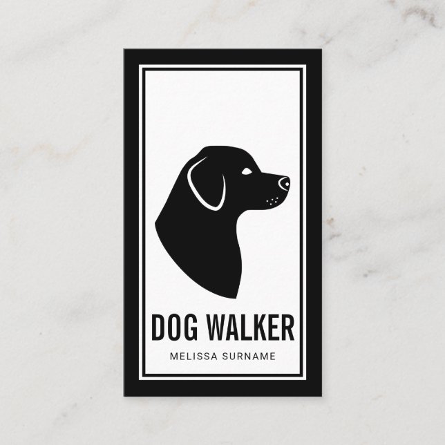 Stylish Black & White Dog Silhouette Dog Walker Business Card (Front)