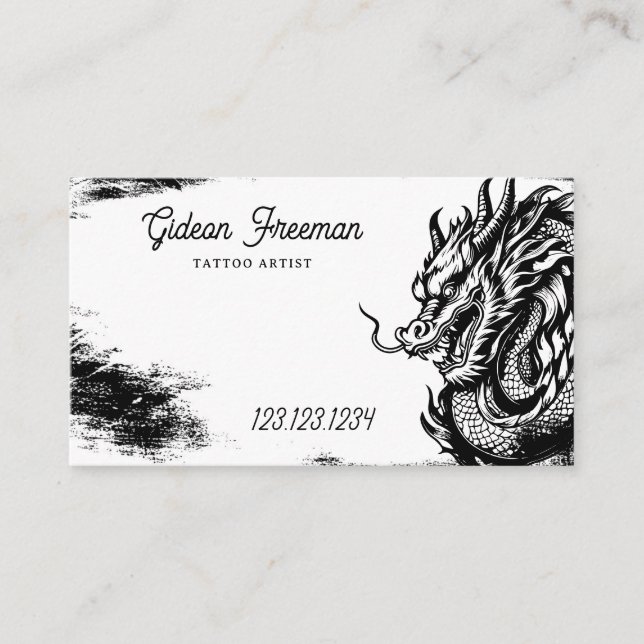 Stylish Black & White Dragon Tattoo Shop Business Card (Front)