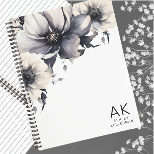 Stylish Black White Floral Monogrammed Notebook
