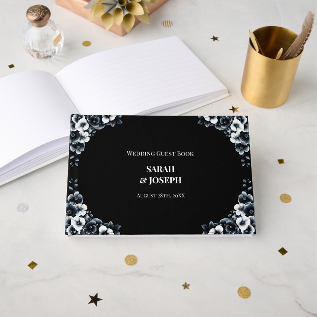 Stylish Black White Floral Wedding Guest Book (Front Open)