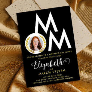 Stylish Black White Gold Mum Laurel Wreath Typo Invitation