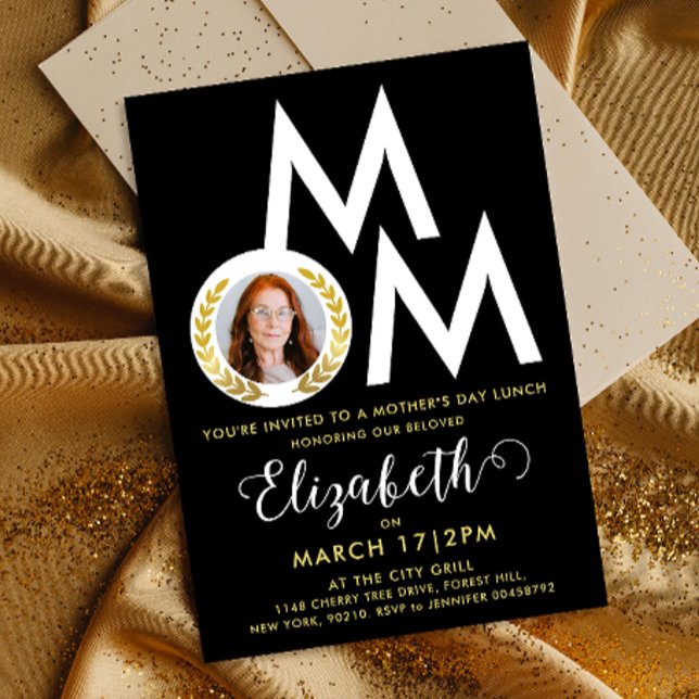 Stylish Black White Gold Mum Laurel Wreath Typo Invitation (Creator Uploaded)