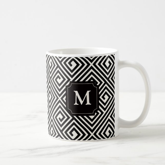 Stylish Black & White Greek Key Pattern Monogram Coffee Mug (Right)