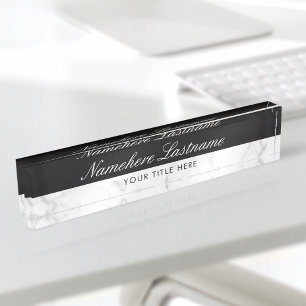 Stylish Black White Grey Marble Elegant Script Nameplate
