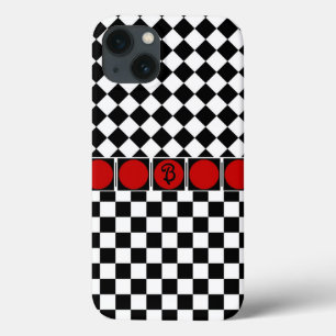Stylish Black White Half Diamond Checkers red band iPhone 13 Case