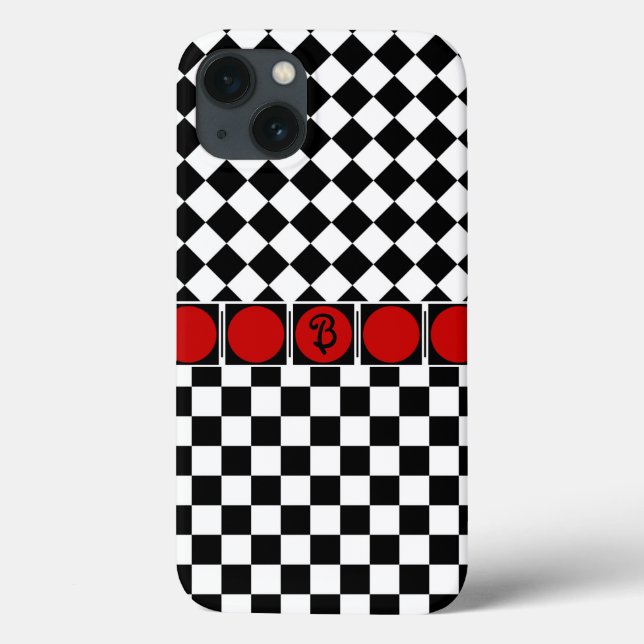 Stylish Black White Half Diamond Checkers red band Case-Mate iPhone Case (Back)