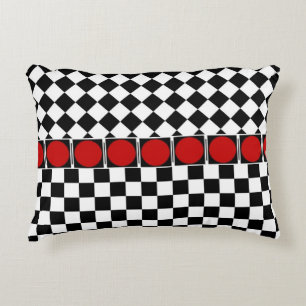 Stylish Black White Half Diamond Checkers red band Decorative Cushion
