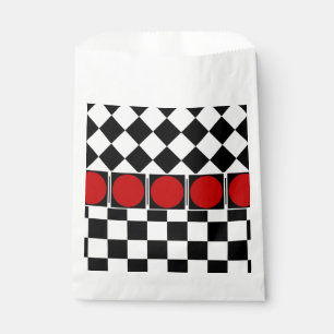 Stylish Black White Half Diamond Checkers red band Favour Bags