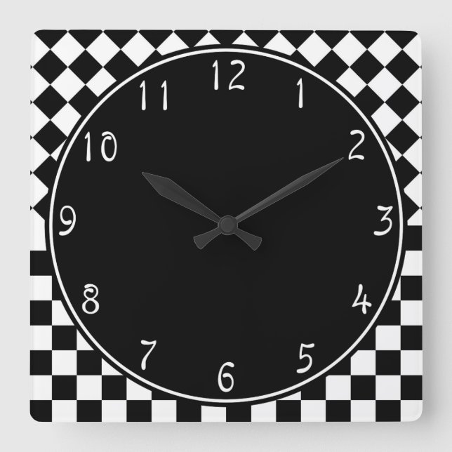 Stylish Black White Half Diamond Chequerboard Square Wall Clock (Front)
