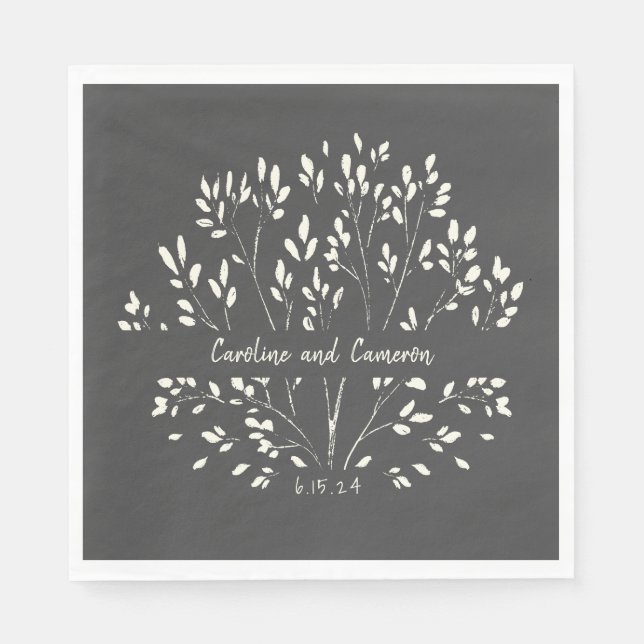Stylish Black White Hand Painted Floral Wedding   Napkin (Front)