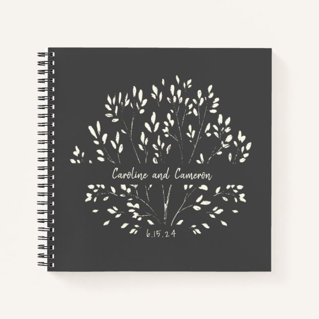 Stylish Black White Hand Painted Floral Wedding  Notebook (Front)