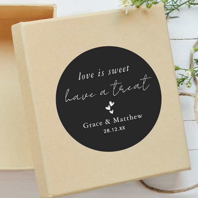 Stylish Black & White Love is Sweet Wedding Favour Classic Round Sticker (Creator Uploaded)