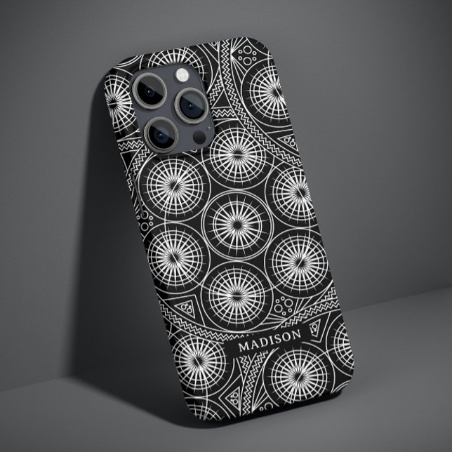 Stylish Black White Modern Mandala Pattern Name Case-Mate iPhone Case (Creator Uploaded)