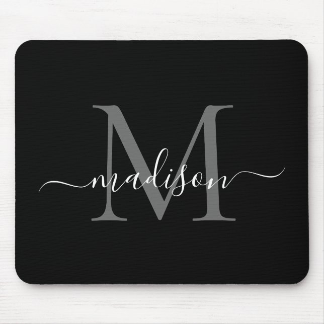 Stylish Black White Monogram Script Simple Modern Mouse Mat (Front)