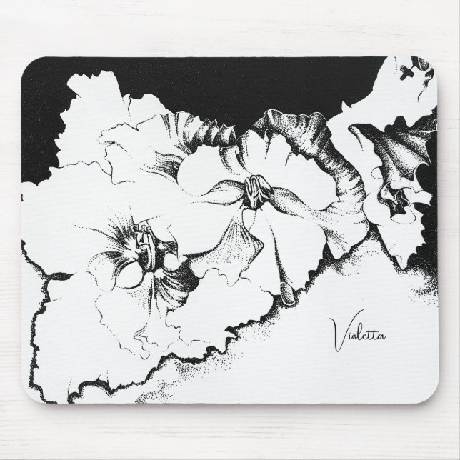 Stylish Black & White Original Stipple Art Floral Mouse Mat (Front)