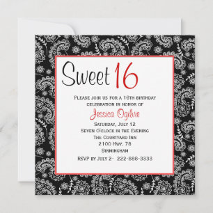 Stylish Black & White Paisley Sweet 16 Birthday Invitation