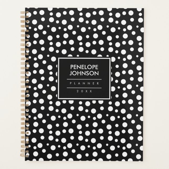Stylish Black White Polka Dot Pattern Planner (Front)