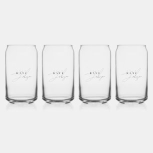 Stylish Black White Signature Script Monogram Can Glass