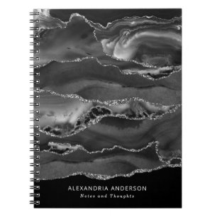 Stylish Black White Silver Gray Marble Agate Geode Notebook