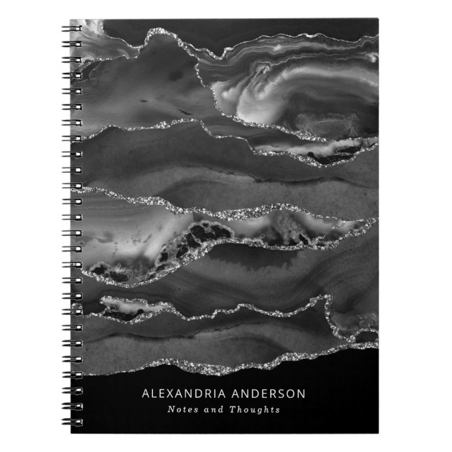 Stylish Black White Silver Grey Marble Agate Geode Notebook (Front)