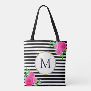 Stylish Black White Striped Pink Floral Monogram Tote Bag