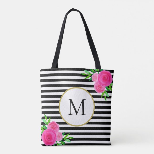 Stylish Black White Striped Pink Floral Monogram Tote Bag (Back)