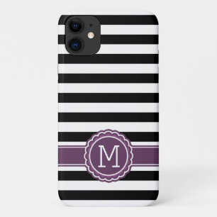 Stylish Black White Stripes Purple Monogram iPhone 11 Case