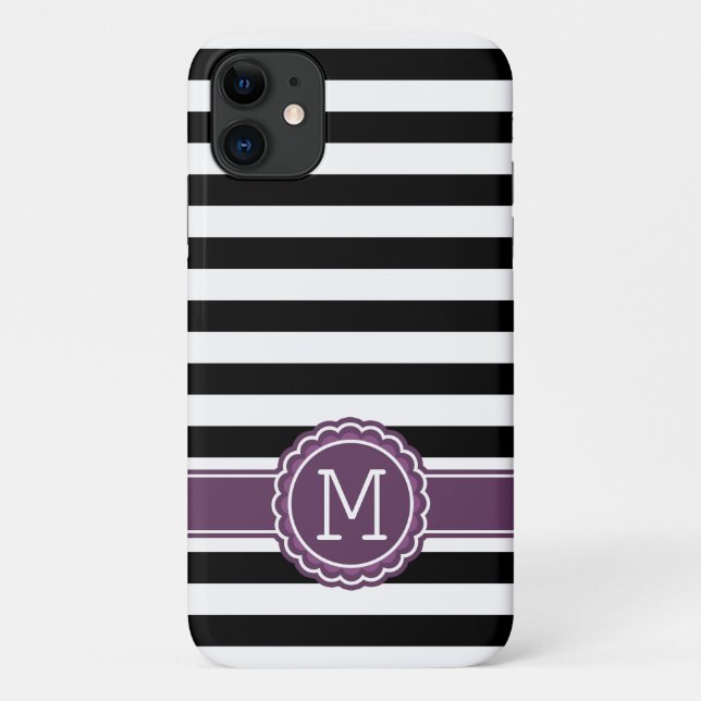 Stylish Black White Stripes Purple Monogram Case-Mate iPhone Case (Back)