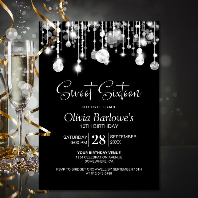Stylish Black White Sweet Sixteen Birthday Party Invitation (Creator Uploaded)