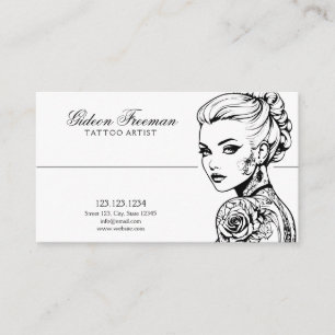 Stylish Black & White Tattooed Lady Tattoo Artist Business Card