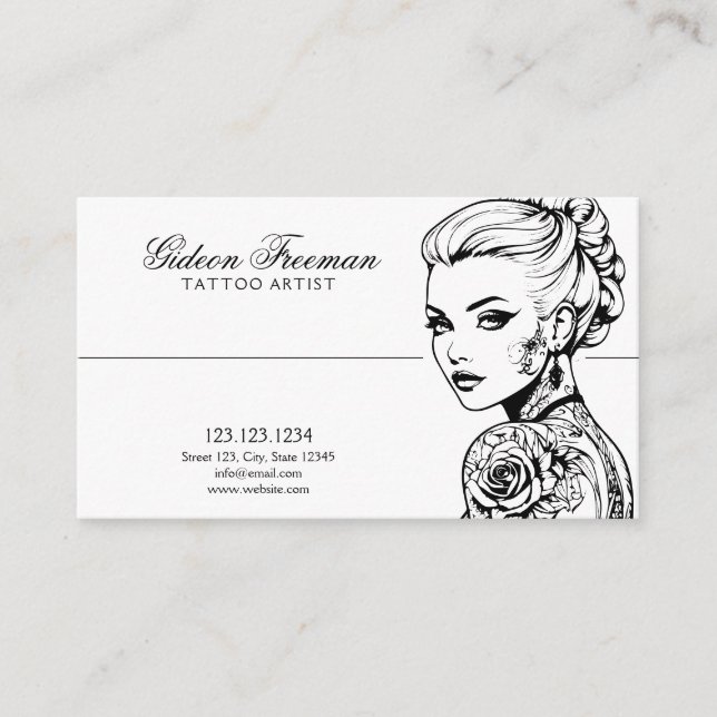 Stylish Black & White Tattooed Lady Tattoo Artist Business Card (Front)