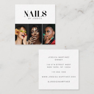 Stylish Black White Typography 3 Photo Nail Salon Square Business Card