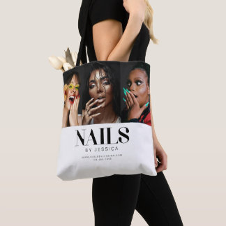 Stylish Black White Typography 3 Photo Nail Salon Tote Bag