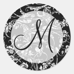 Stylish Black White Wedding Damask Monogram Design Classic Round Sticker