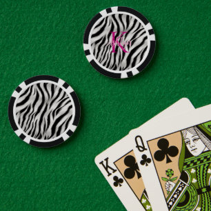 Stylish Black White Zebra Animal Pink Monogram Poker Chips