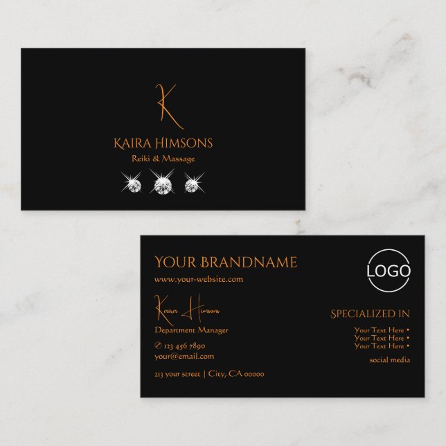 Stylish Black with Monogram Logo and Jewels Modern Business Card (Front/Back)