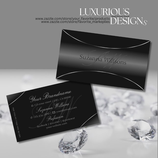 Stylish Black with Silver Border and Monogram Cool Business Card (Creator Uploaded)