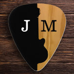 stylish black / wood guitar pick for the guitarist<br><div class="desc">Personalised and rustic design for the guitarist of the band. A stylish suggestion to self-promote the guitar-player.  Your name,  or band-name,  on back side & initials on front side</div>