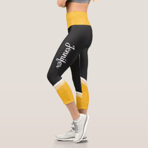 Stylish black yellow floral white stripes and name capri leggings