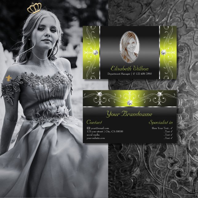 Stylish Black Yellow Squiggled Jewels with Photo Business Card (Creator Uploaded)