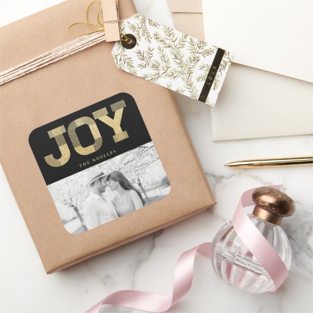 Stylish Block Font Gold Glitter Joy Modern Holiday Square Sticker (Gifting)