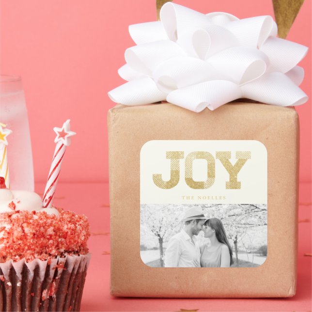 Stylish Block Font Gold Glitter Joy Modern Holiday Square Sticker (Party)