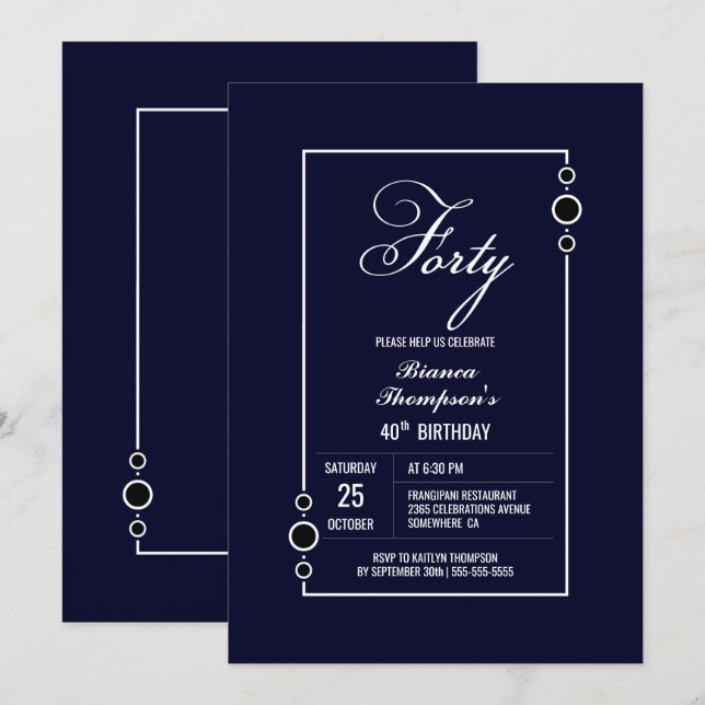 Stylish Blue 40th Birthday Party Invitation (Front/Back)