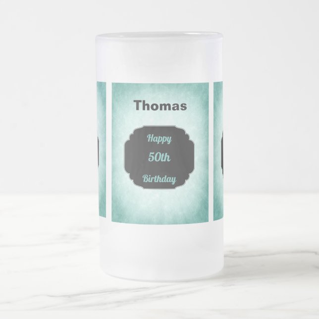 Stylish blue and black 50th Birthday design Frosted Glass Beer Mug (Center)