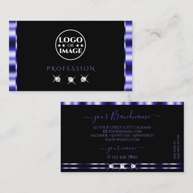 Stylish Blue and Black Sparkling Diamonds Add Logo Business Card (Front/Back)