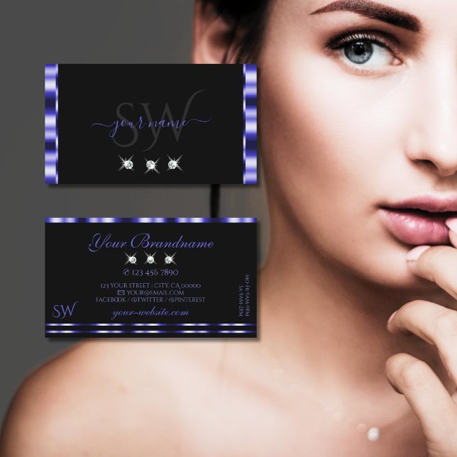 Stylish Blue and Black Sparkling Diamonds Monogram Business Card (Creator Uploaded)