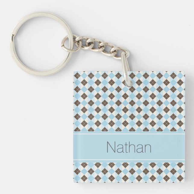 Stylish Blue and Brown Personalised Argyle Pattern Key Ring (Front)